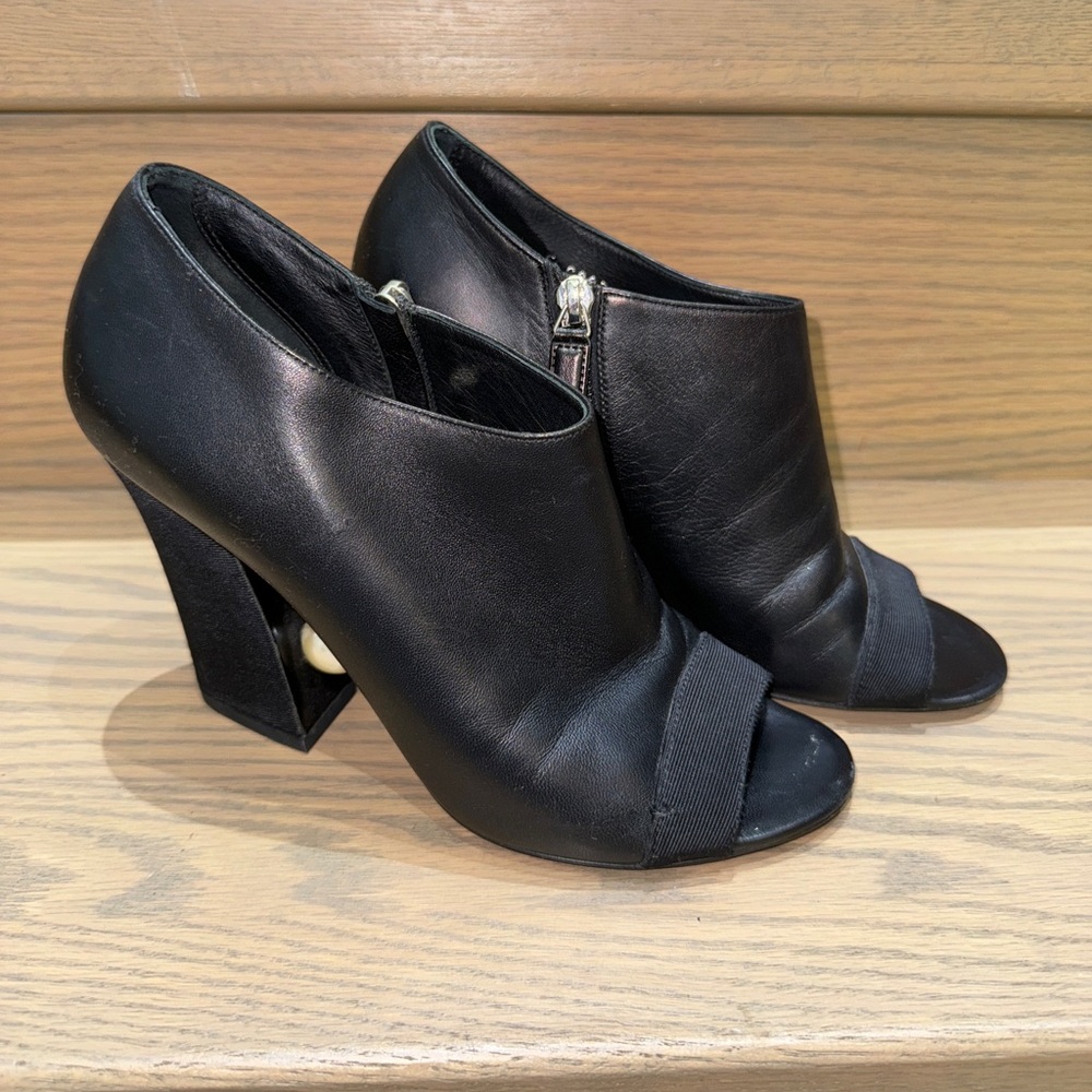 CHANEL Black Peep Toe Lambskin Ankle Boot with Faux Pearl